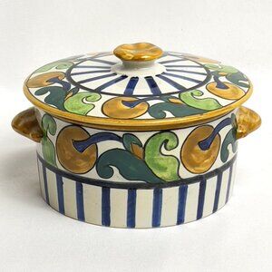 Quimper Faience Vintage Trinket Box Hand-Painted France Floral & Stripe Signed
